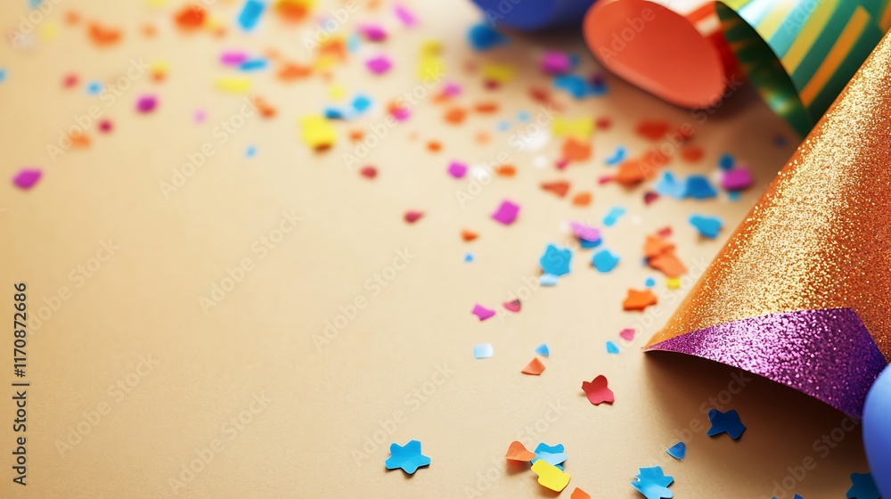 Obraz premium Festive Party Hats and Colorful Confetti Scattered