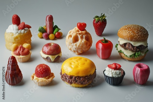 Creative edible sculptures resembling various foods displayed on a white surface photo