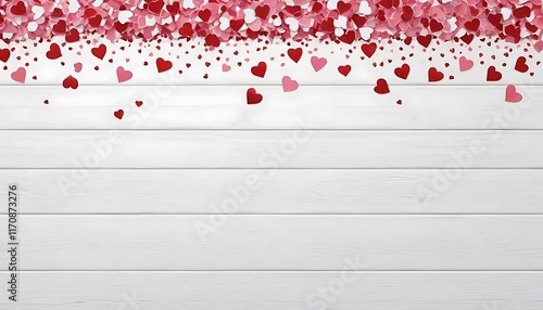 Red Pink Hearts Scattered on White Wooden Background