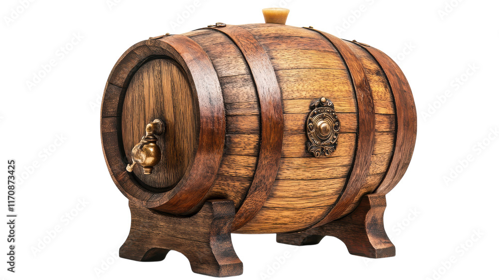 A rustic wooden wine barrel displayed on a pristine white background, ideal for showcasing a vineyard's charm in promotional material or enhancing culinary themed designs.. A rustic wooden wine barrel displayed on a pristine white background, ideal for showcasing a vineyard's charm in promotional material or enhancing culinary themed designs..