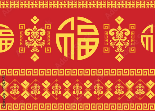 Chinese New Year pattern oriental on red color background, vector illustration