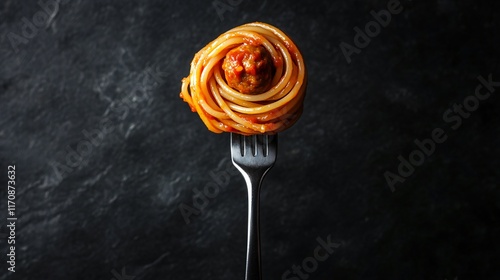 Spaghetti twirled around a fork with meatballs on the side, isolated on a textured dark slate background