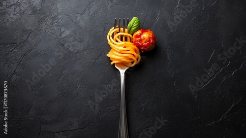 Spaghetti twirled around a fork with meatballs on the side, isolated on a textured dark slate background
