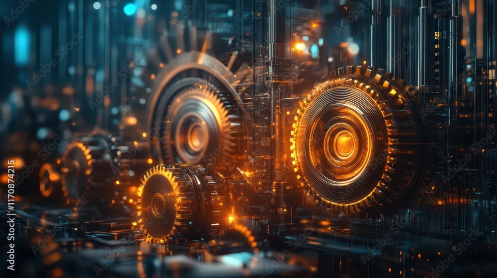 A glowing, vibrant industrial scene with large gears and metal wheels, symbolizing the fusion of technology and creativity in modern engineering. A glowing, vibrant industrial scene with large gears and metal wheels, symbolizing the fusion of technology and creativity in modern engineering.