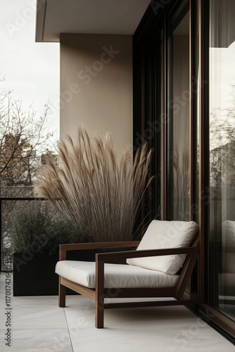 A bright modern balcony garden with a wooden-frame sofa with linen cushions. A low, light pinewood table with rounded edges. Vertical garden Japandi apartment background