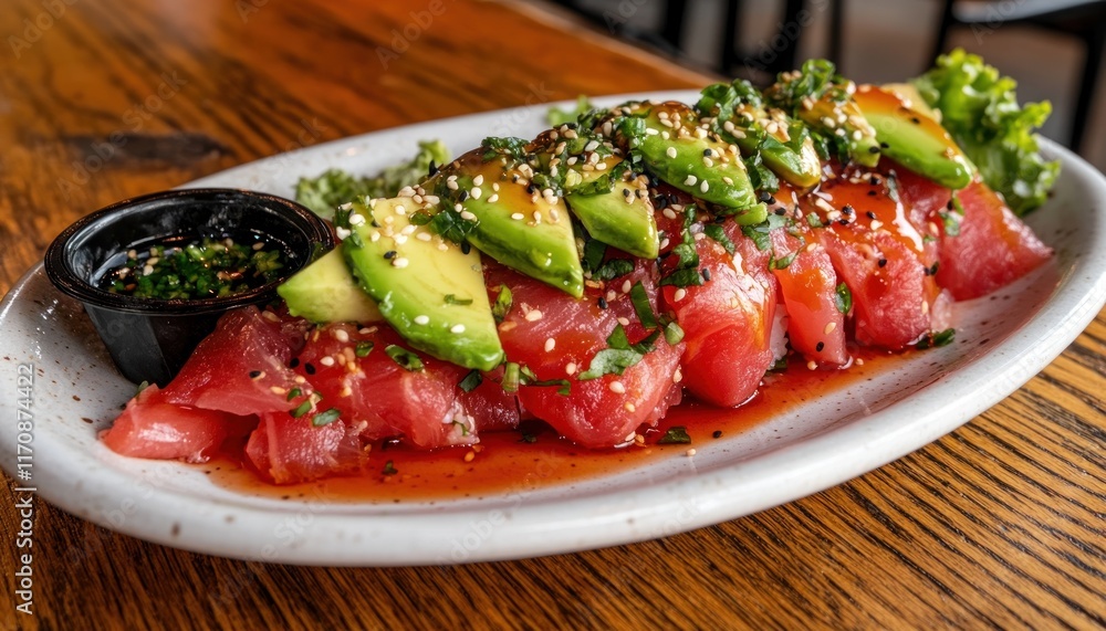 Restaurant Ahi Tuna Sashimi, Avocado, Sesame, Sauce Restaurant Ahi Tuna Sashimi, Avocado, Sesame, Sauce