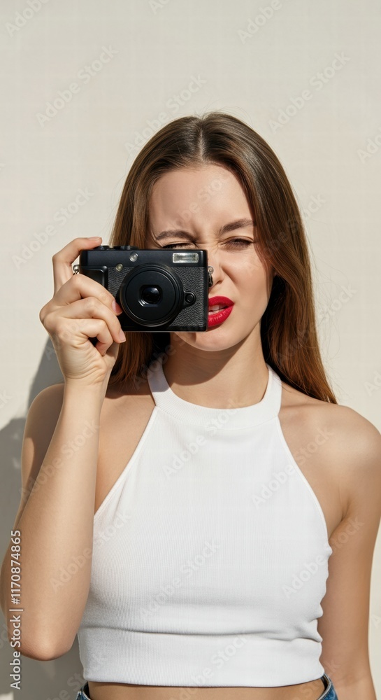 Young woman taking a photo with a digital camera, showcasing confidence and style Young woman taking a photo with a digital camera, showcasing confidence and style