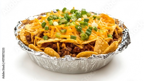 A classic Frito pie in a foil packet, isolated on a pure white background with vibrant shredded cheese and green onions photo