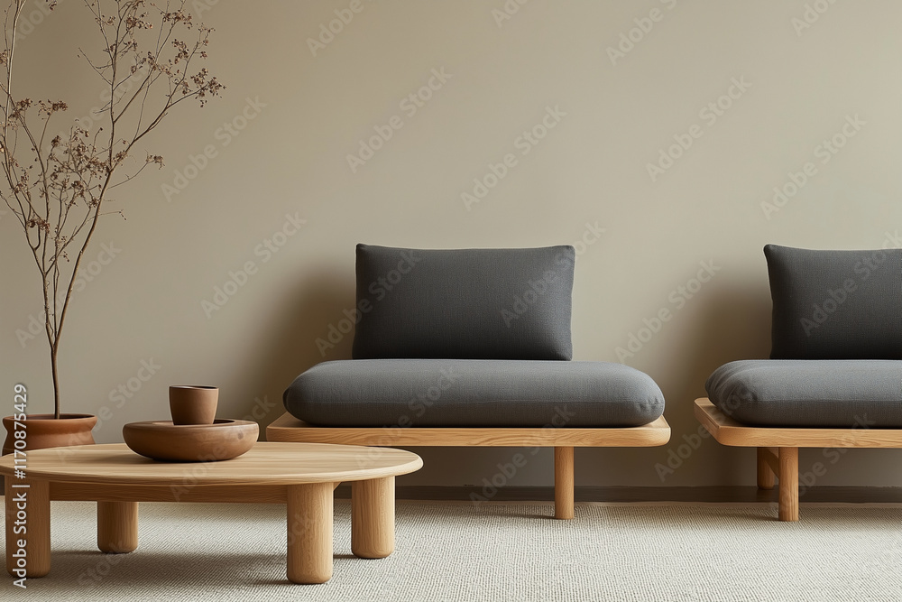 A smooth, rounded-edge wooden table in a warm tone with f a minimal sofa. A smooth, rounded-edge wooden table in a warm tone with f a minimal sofa.