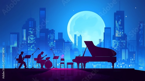 A vibrant city skyline at night with musicians performing near a grand piano under a full moon.