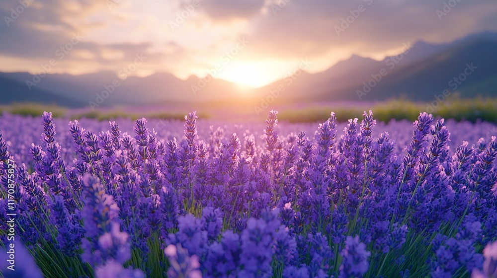 Naklejka premium Lavender Field Sunset Mountain Background
