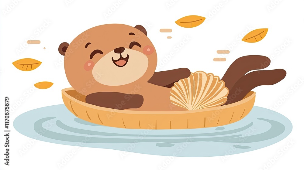Happy otter relaxing in a shell on water. Happy otter relaxing in a shell on water.
