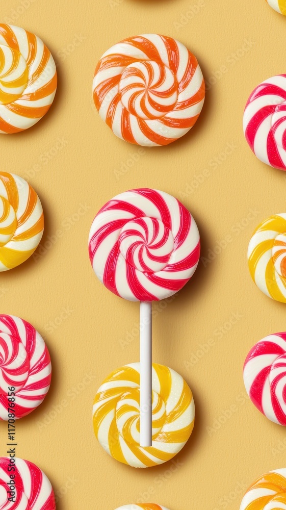 Colorful Swirl Lollipops Pattern on Yellow Background Sweet Candy Treats Colorful Swirl Lollipops Pattern on Yellow Background Sweet Candy Treats