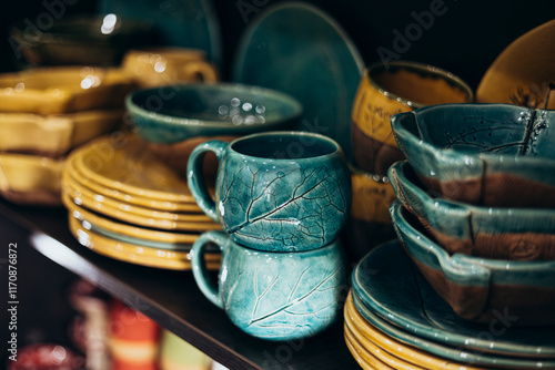 Ceramic cups and plates with imprints of real leaves.