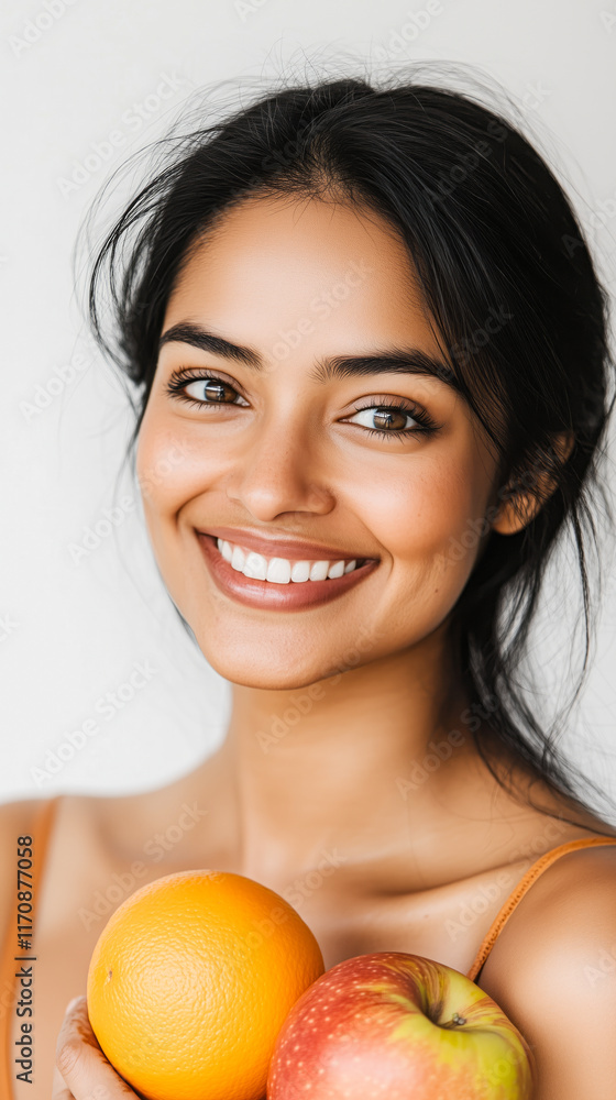 Indian woman with fruits exuding charm and simplicity Indian woman with fruits exuding charm and simplicity