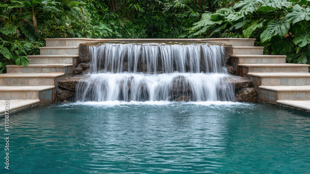 Naklejka premium Mind body harmony theme, tranquil waterfall cascading into serene pool surrounded by lush greenery