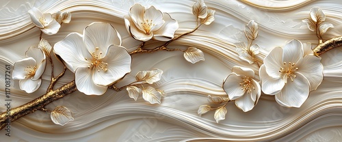 Elegant 3D floral design with cream blossoms and golden branches on a wavy background.