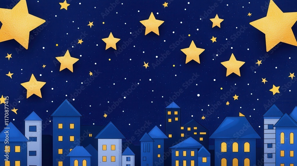 Fototapeta premium Charming Night Cityscape with Golden Stars Paper Cutout Style Illustration