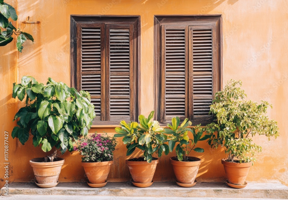 A row of potted plants sit on a ledge next to a window A row of potted plants sit on a ledge next to a window