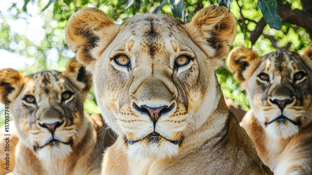 Fototapeta premium A close-up of three lions resting under a tree, showcasing their majestic features.