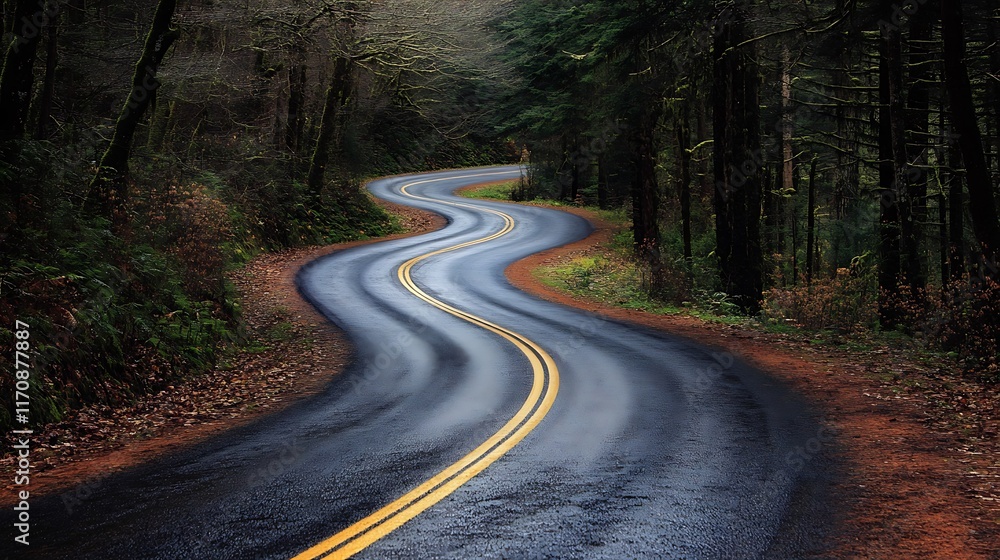 Fototapeta premium Winding road through lush forest, wet asphalt, yellow lines.