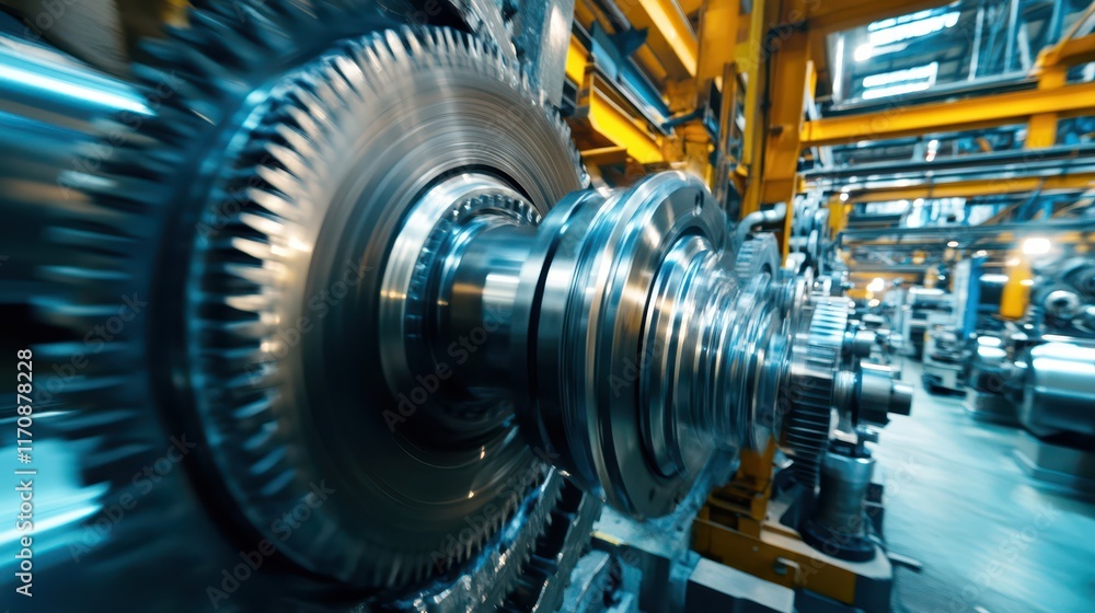 A dynamic scene of a high-tech factory with machines working in sync, gears and metal parts turning to generate powerful energy. A dynamic scene of a high-tech factory with machines working in sync, gears and metal parts turning to generate powerful energy.