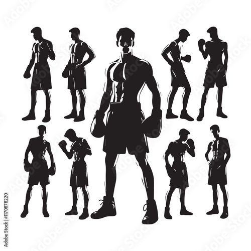 Vector a boxer stand with pose set silhouette vector SH