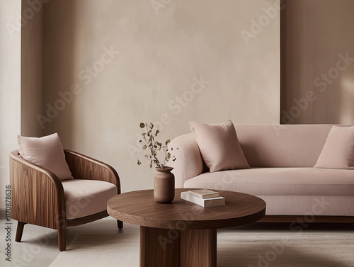 a minimal wooden-frame pink sofa with neutral linen cushions all in warm earthy tones in living room 