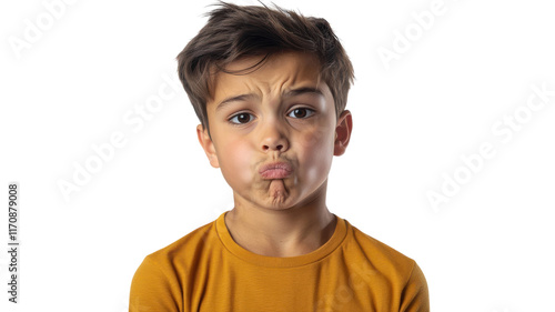 A Young Boy Displaying a Confused Expression While Engaged in a Learning Activity, Perfect for Educational Materials and Children's Content. photo