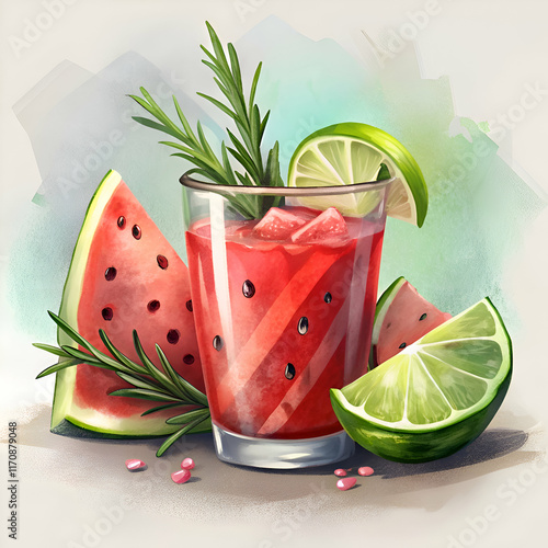 Refreshing Watermelon and Lime Cocktail with Rosemary Garnish. photo