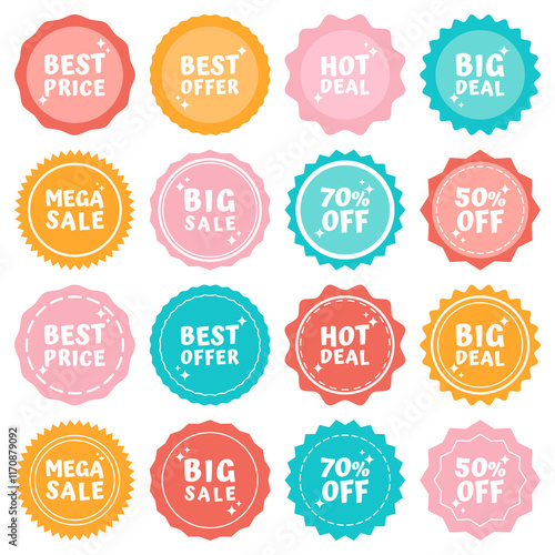 Set of simple sunburst price tag, sale tag vector illustration, abstract shape of sunburst, price tag, sale tag, price labels vector in soft pastel color isolated on a white background