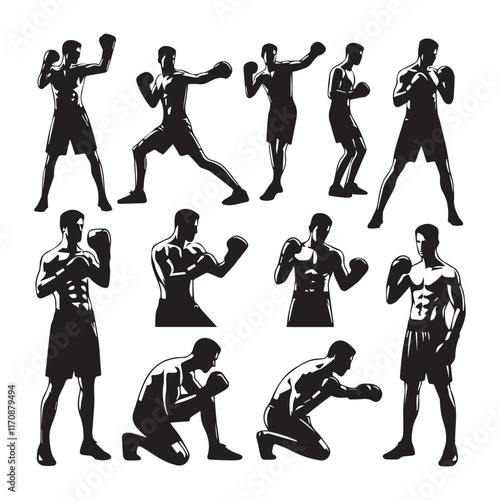 Vector a boxer stand with pose set silhouette vector SH