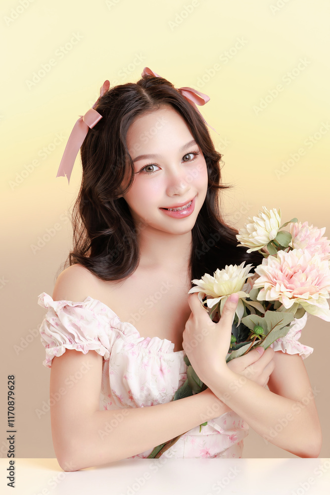Young Asian smiling woman braces teeth wearing a light pastel dress and ribbons, on isolated a soft gradient background. Young Asian smiling woman braces teeth wearing a light pastel dress and ribbons, on isolated a soft gradient background.