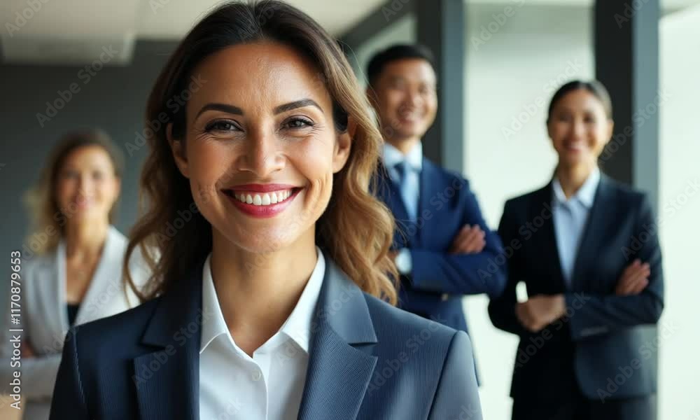 Confident Businesswoman Leading Her Successful Team in Modern Office Setting Confident Businesswoman Leading Her Successful Team in Modern Office Setting