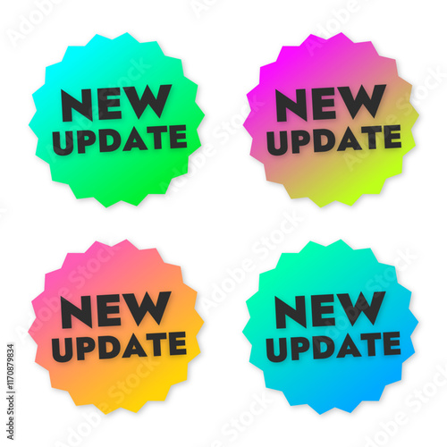 multicolored stickers with black text app or product update vector design