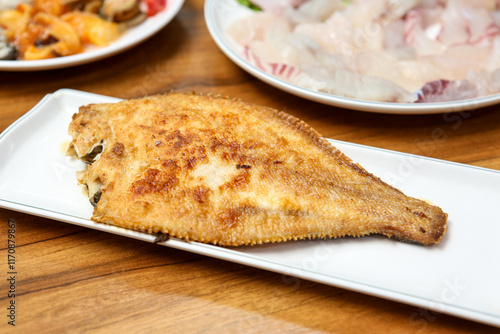 Fotografie Korean seafood food. Grilled flounder fish
