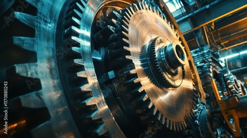 A dynamic industrial process, where large gears, pistons, and mechanical parts work together to create a creative flow of power and motion. photo