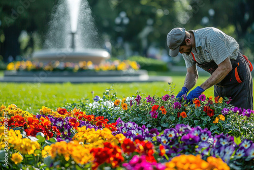 Gardener Planting Flowers in Public Park