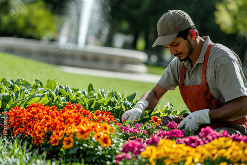 Gardener Planting Flowers in Public Park