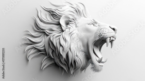 3D rendered, sculpted, white lion head, roaring,  profile view,  artistic,  relief,  