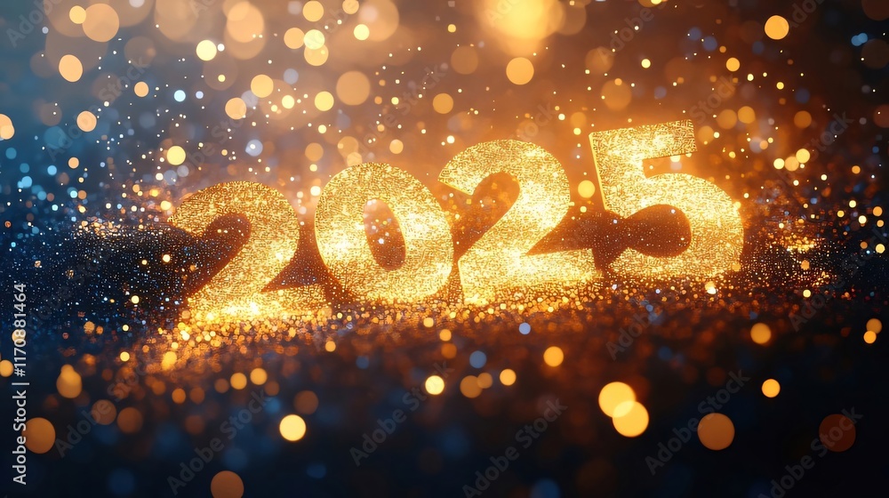 Sparkling golden 2025 New Year digits on dark background.