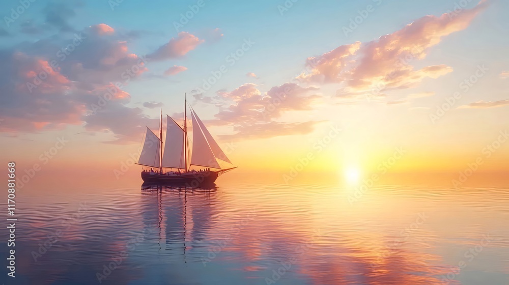 Sailboat at sunset on calm ocean. (2) Sailboat at sunset on calm ocean. (2)