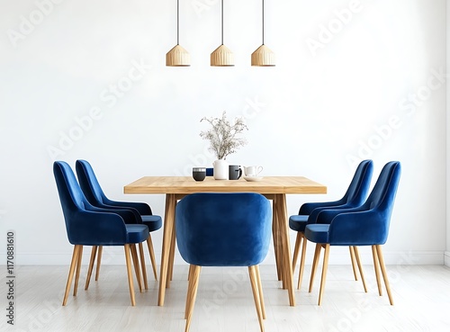 Beautiful dining room with blue velvet chairs and a wooden table in a white modern apartment, with white walls, a light wood floor, and a bright interior design