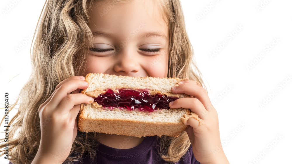 A young girl relishing a delicious peanut butter sandwich, ideal for food blogs, children's nutrition articles, and culinary workshops.. A young girl relishing a delicious peanut butter sandwich, ideal for food blogs, children's nutrition articles, and culinary workshops..
