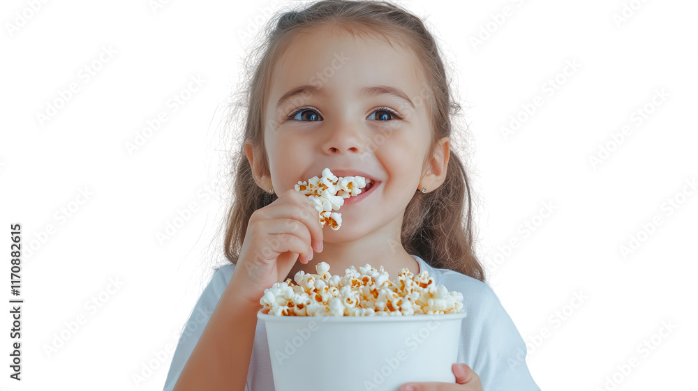 A Young Girl Enjoying a Fun Movie Night with a Big Bucket of Popcorn Perfect for Family Gatherings or Children's Parties.