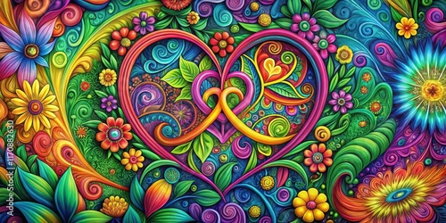 Fototapeta Naklejka Na Ścianę i Meble -  Colorful psychedelic swirls of love and peace intertwined with flowers and leaves, peace, leaves, peace,leaves,calm ,psychedelic