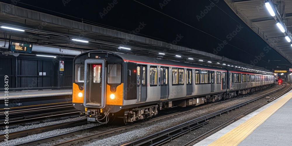 Naklejka premium A train at a station during nighttime, showcasing urban transport infrastructure.