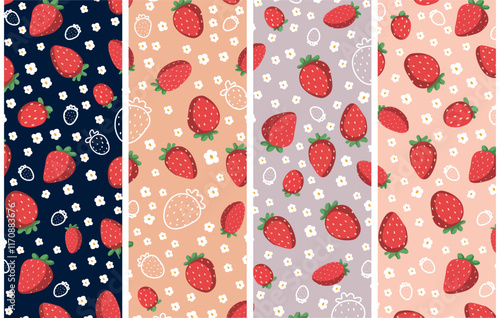 Vector set of 4 seamless patterns featuring strawberries on different backgrounds. Bright and appetizing, ideal for summer design, textiles, packaging, and more