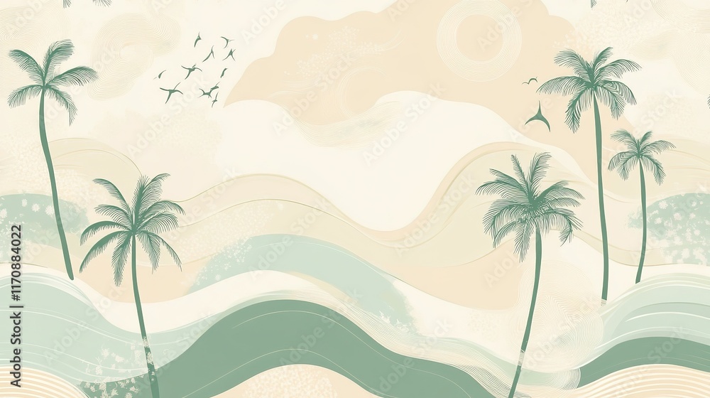 Fototapeta premium Tropical Beach Palm Trees Watercolor Illustration