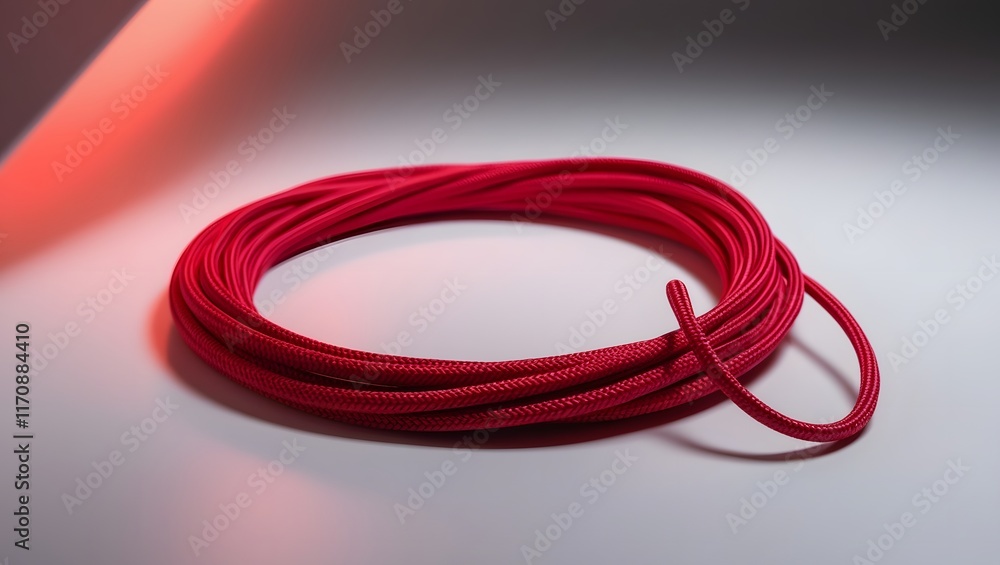 Close-up of vibrant red nylon string coiled in a circular pattern on a white background
Close-up of vibrant red nylon string coiled in a circular pattern on a white background